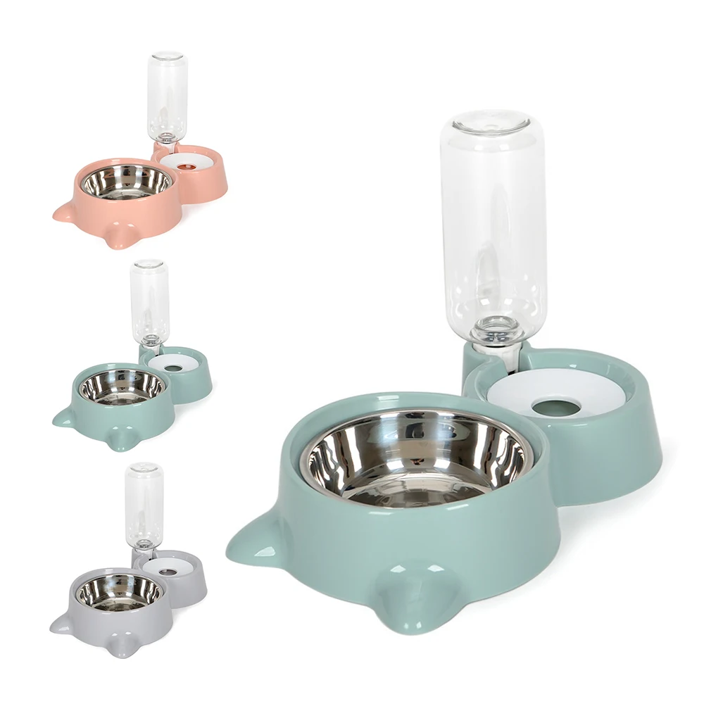 

Double Dog Cat Bowls, Detachable Stainless Steel Pet Water and Food Bowl Set with Automatic Water Dispenser Bottle, Grey, blue, pink