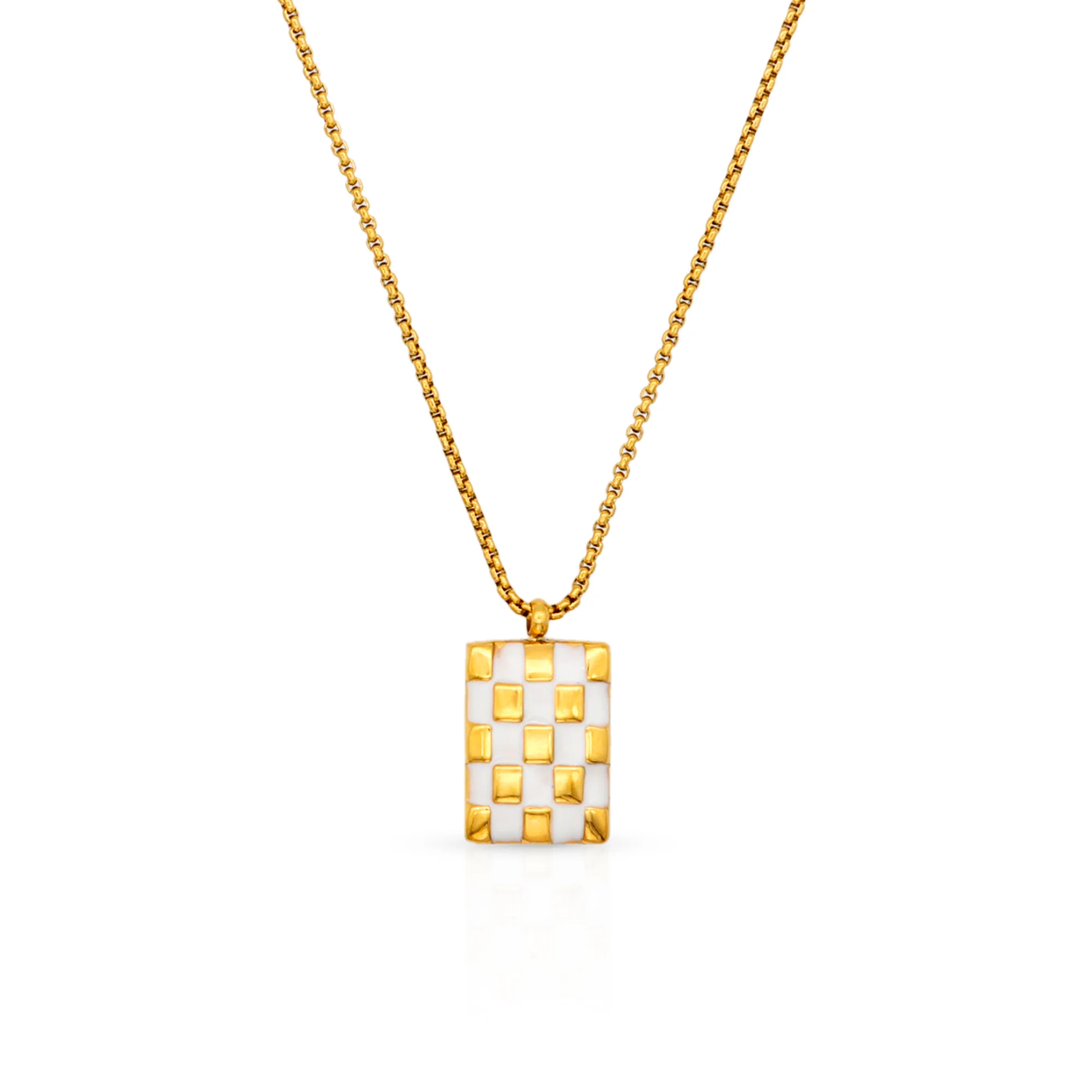 

Chris April in stock 316L stainless steel 18k PVD gold plated checkboard box chain enamel pendant necklace