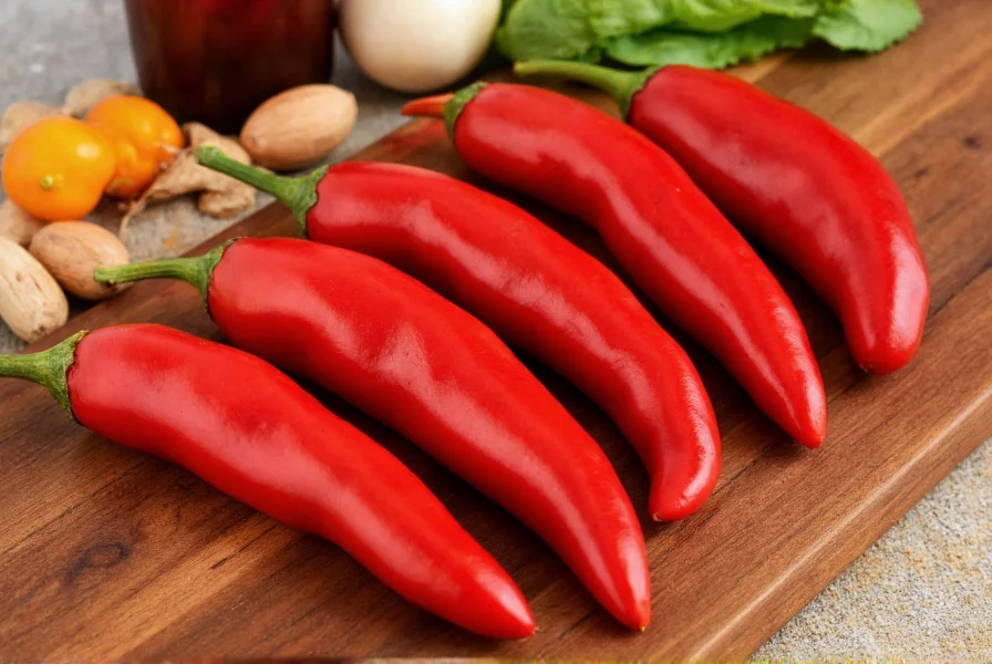 Ripe red Big Jim chili peppers arranged on wooden cutting board with cooking ingredients