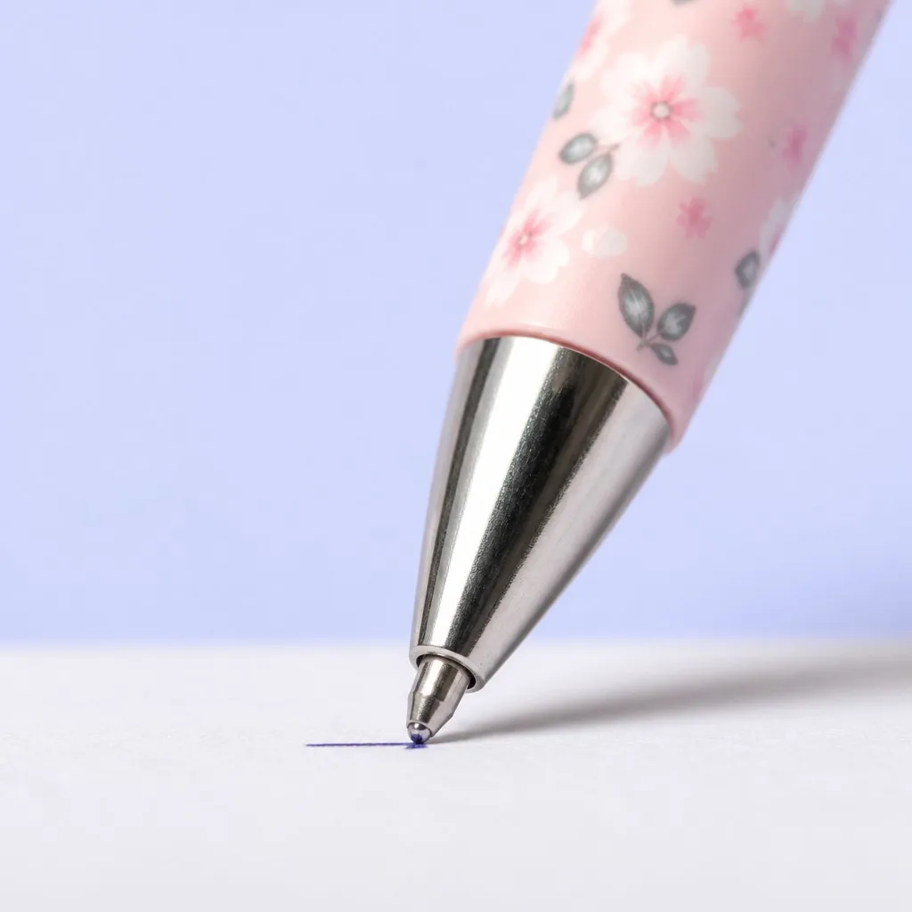 Macro of ballpoint pen tip writing a line on paper