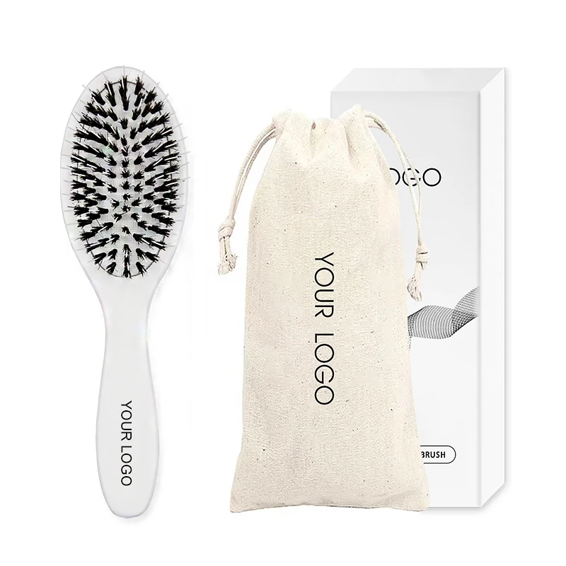 

Custom Logo Packaging White Coated Boar Bristle Nylon Wooden Handle Paddle Wig Hair Extension Brush