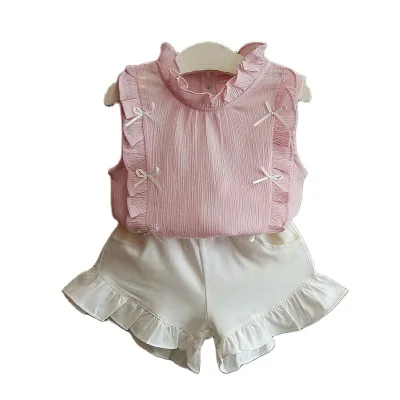 

Korean wholesale summer new girl bow ruffled sleeveless top shorts two-piece suit kids children clothing