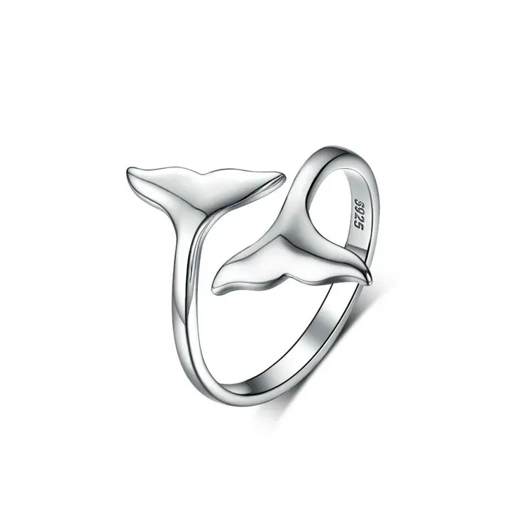 

trendy 925 sterling silver adjustable double mermaid whale tail dolphin fin ring for women