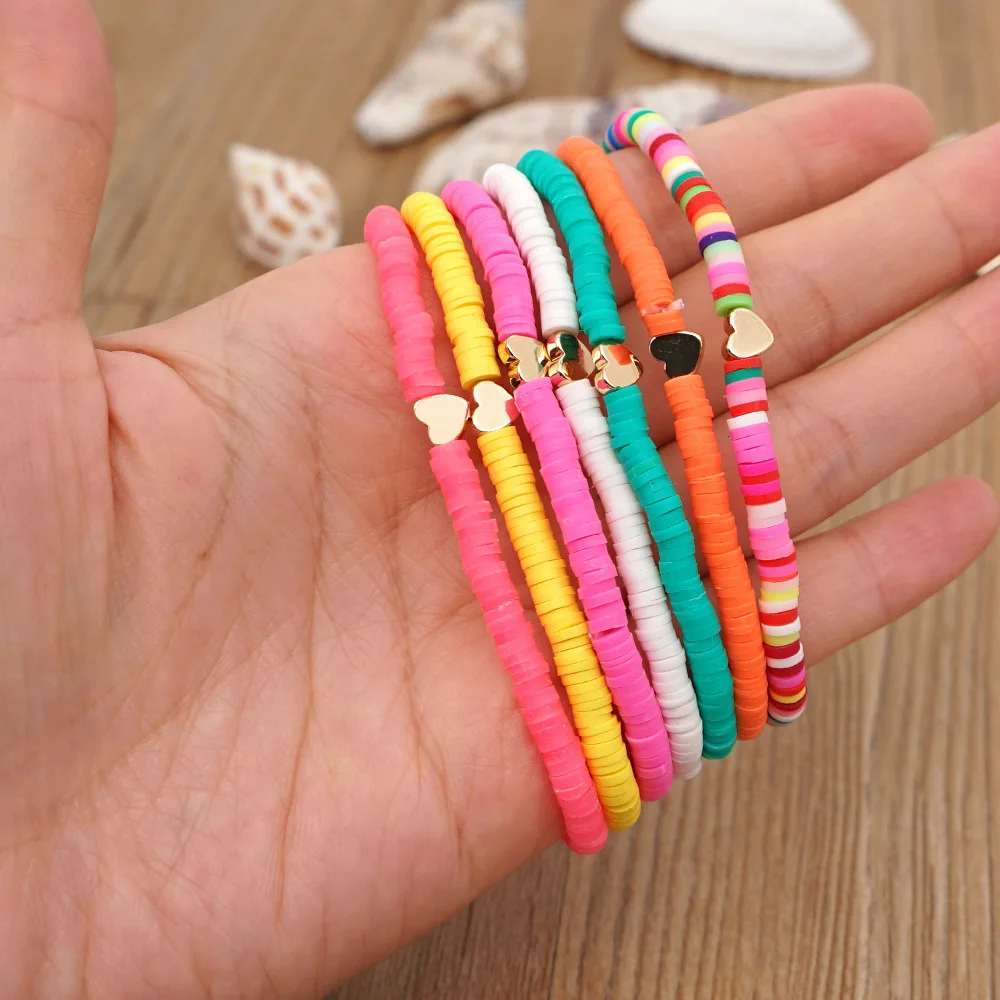 

Boho Multi Colors 4mm Polymer Clay Beaded Bracelet Elastic Bohemian Colorful Clay Beads Heart Bracelets