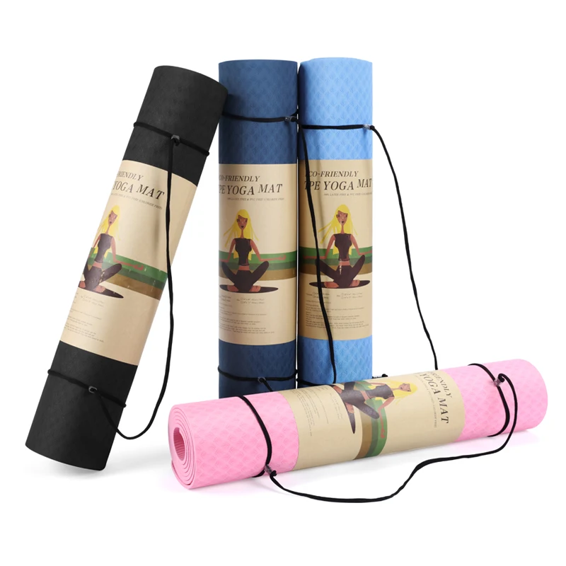 

Shenzhen Factory Manufacturer Double Layer Cheap Custom Print Eco Friendly 6mm TPE Yoga Mat with Strap, Purple,dark blue,light green, plum or any color is available
