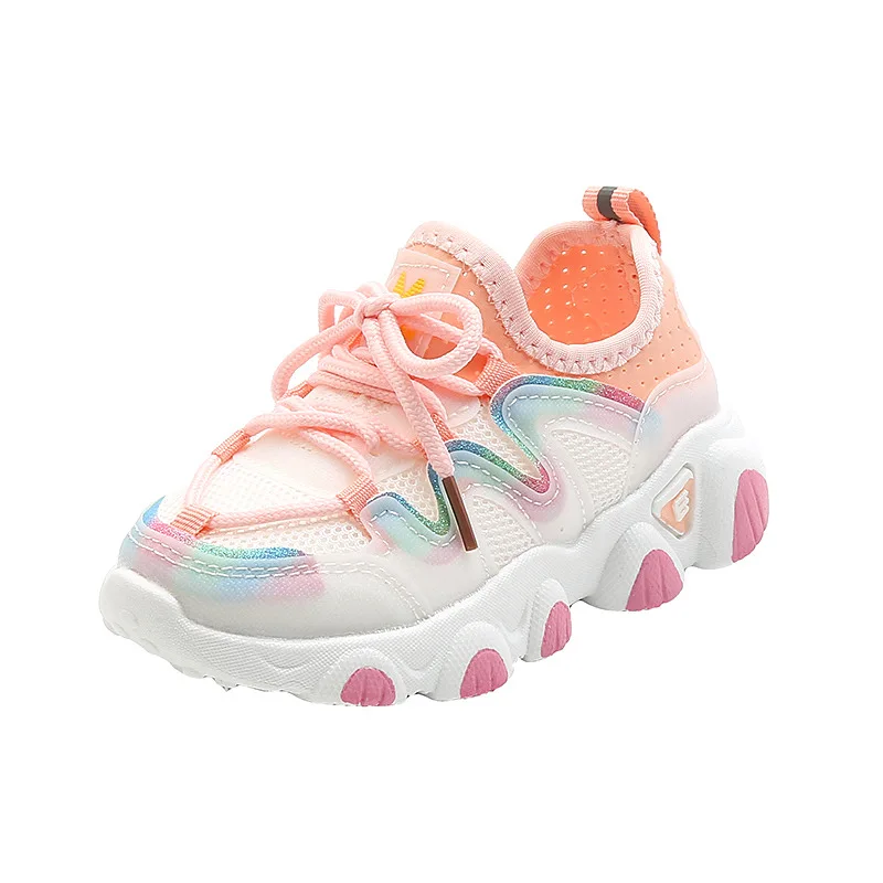 

New Girl Breathable Mesh Sneaker Shoes Direct Sale Cute Girls Casual Soft Sole School Shoes, White/green/pink