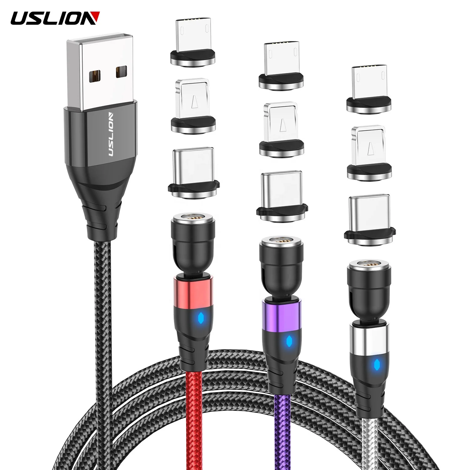 

USLION 540 Rotate 3 IN 1 USB Magnetic Cable 3A Fast Charging Data Cable Mobile Phone Game cable, Black/red/silver/purple