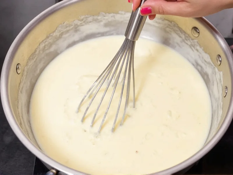 Whisking cream cheese alfredo sauce in stainless steel pan