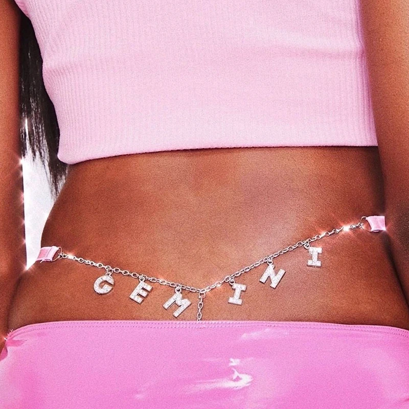 

Sexy Custom Letter Waist Chain Belt Jewelry Rhinestone Belly Chains Gold for Women Body Jewellery, Silver and gold
