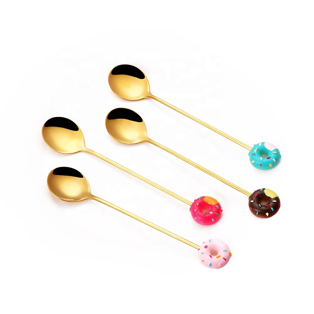 

18/10 Donut Decoration Spoon Stainless Steel Cake Fork Cute Tea Spoons Tea Spoons Gift Set For Party Wedding, Gold, silver