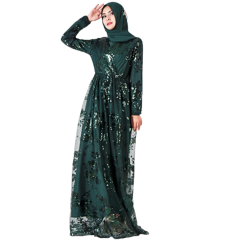 

Cross-border high quality double layer sequined embroidered Muslim dress Middle East Dubai Islamic evening party gown robe