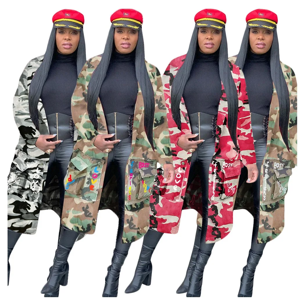 

BK528 2021 hot sell women long style casual fashion camouflage trench coat jacket