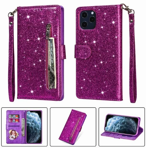 

For iPhone 13 ProMax Xr XsMax Glitter Wallet Phone Case Cover Kickstand Bling Cellphone Leather Protective Shell