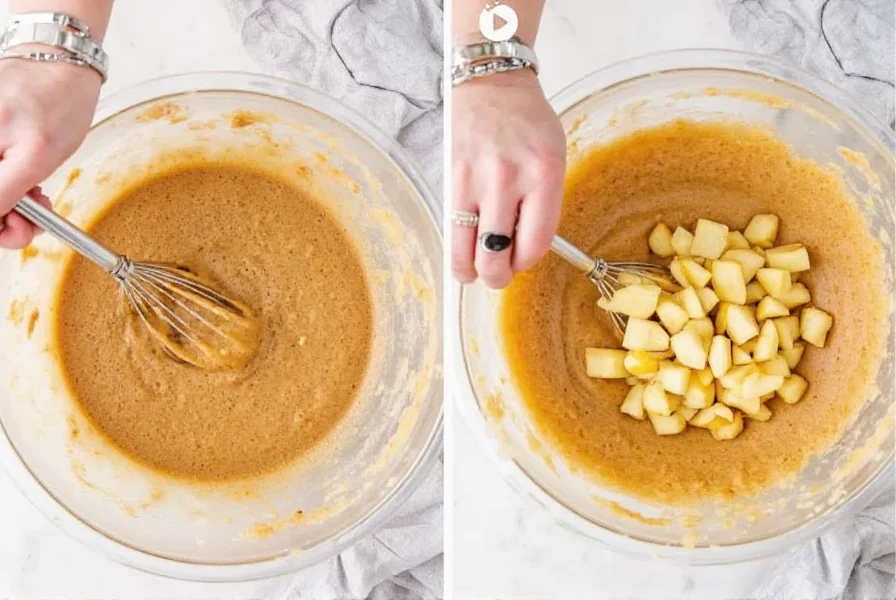 Step-by-step process showing mixing cinnamon apple muffin batter with fresh diced apples being folded in