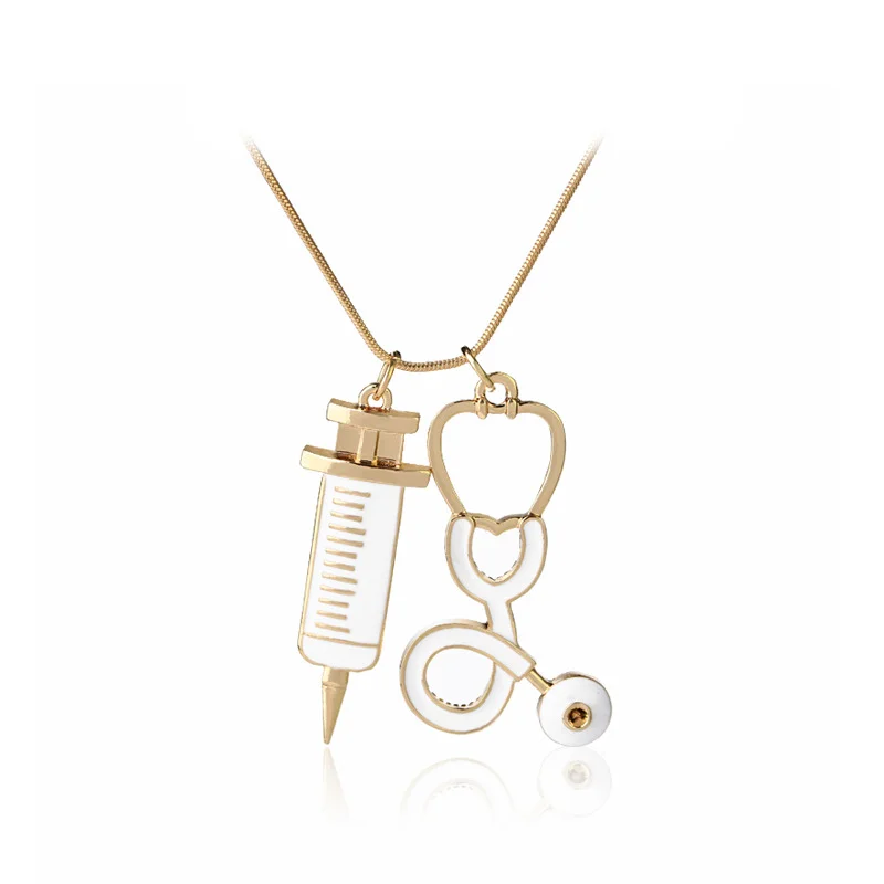 

Medical Stethoscope Syringe Necklace Snake Chain Needle Metal Pendant Necklaces For Women Nurses Fashion Jewelry Wholesale, Gold,silver color