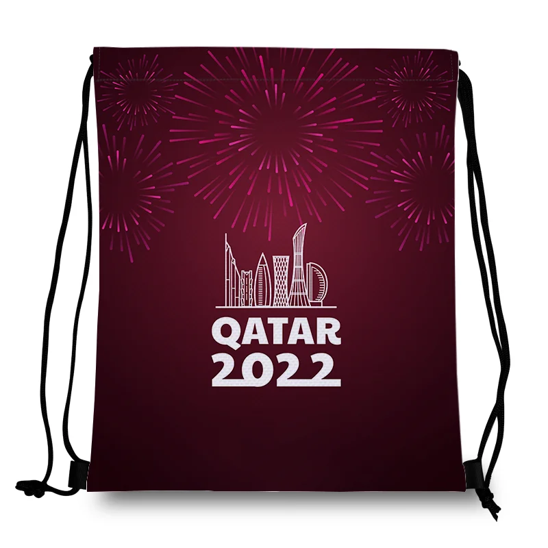 

2022 Low MOQ Custom Logo Qatar World Cup Polyester Eco Friendly Outing Advertisement Cycling Sports Gift Drawstring Backpack Bag