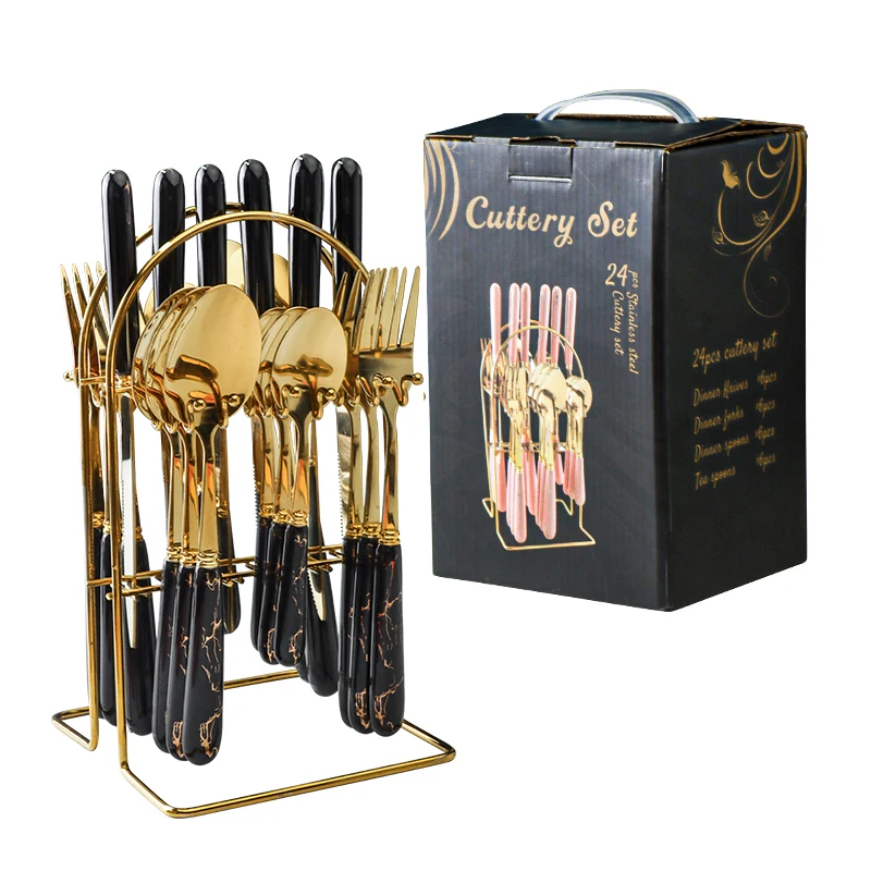 

JIEYANG Factory Wholesale Cutlery Morden Luxury Marble ceramic handle 24 pcs Flatware Stainless Steel Gold Hanging Cutlery Set, Rose gold/gold/silver