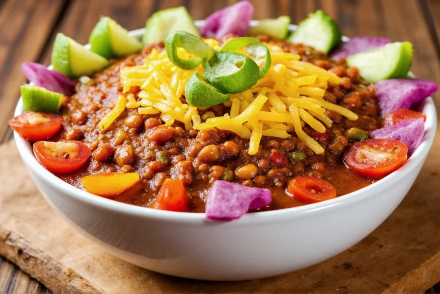 Colorful presentation of taco chili in white bowl with various toppings arranged artistically around the edges