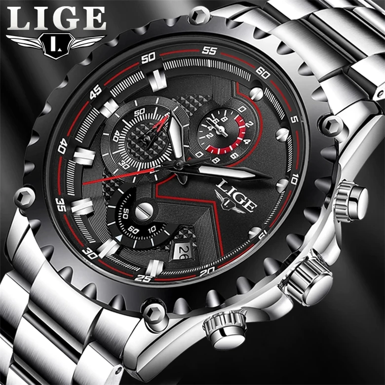 

2021 LIGE Fashion Mens Watches Top Luxury Brand Silver Stainless Steel 30m Waterproof Quartz Watch Men Army Military Chronograph