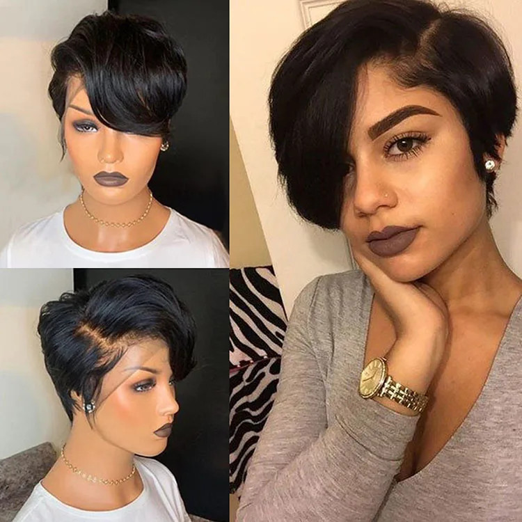 

Cuticle aligned virgin human hair deep part 13*6 lace frontal wig for black women short pixie cut wig
