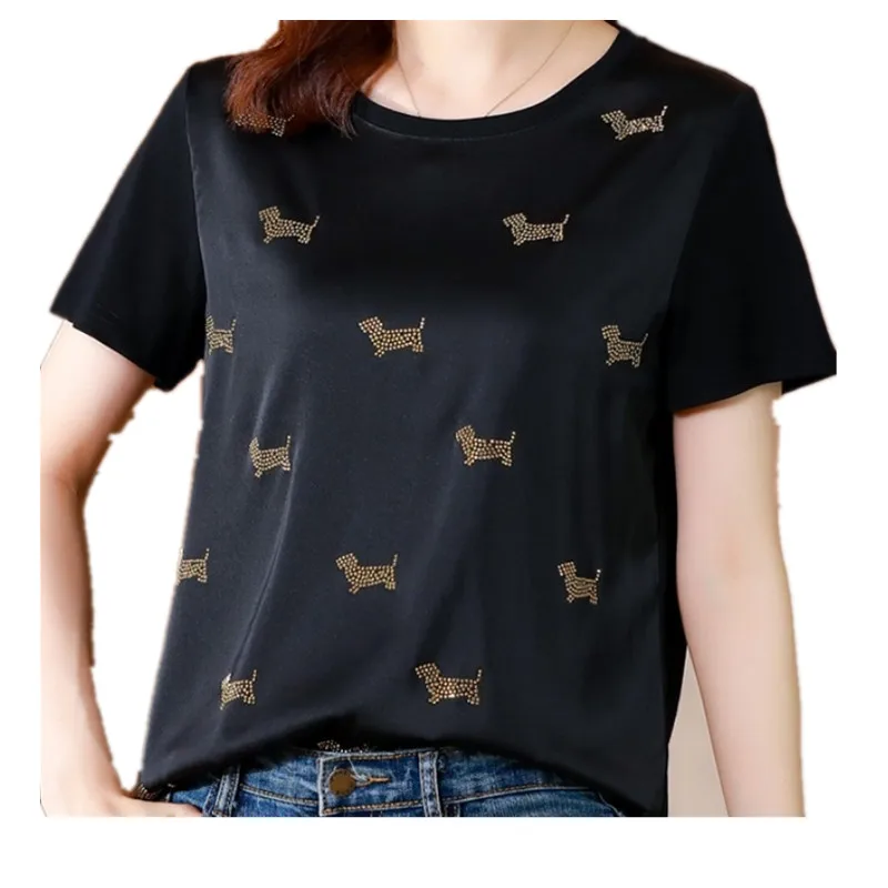 

New Fashion Ins Puppy Hot Rhinestone Loose Short Sleeve O-Neck T shirt Women Clothes Diamond Casual White Female T-Shirt