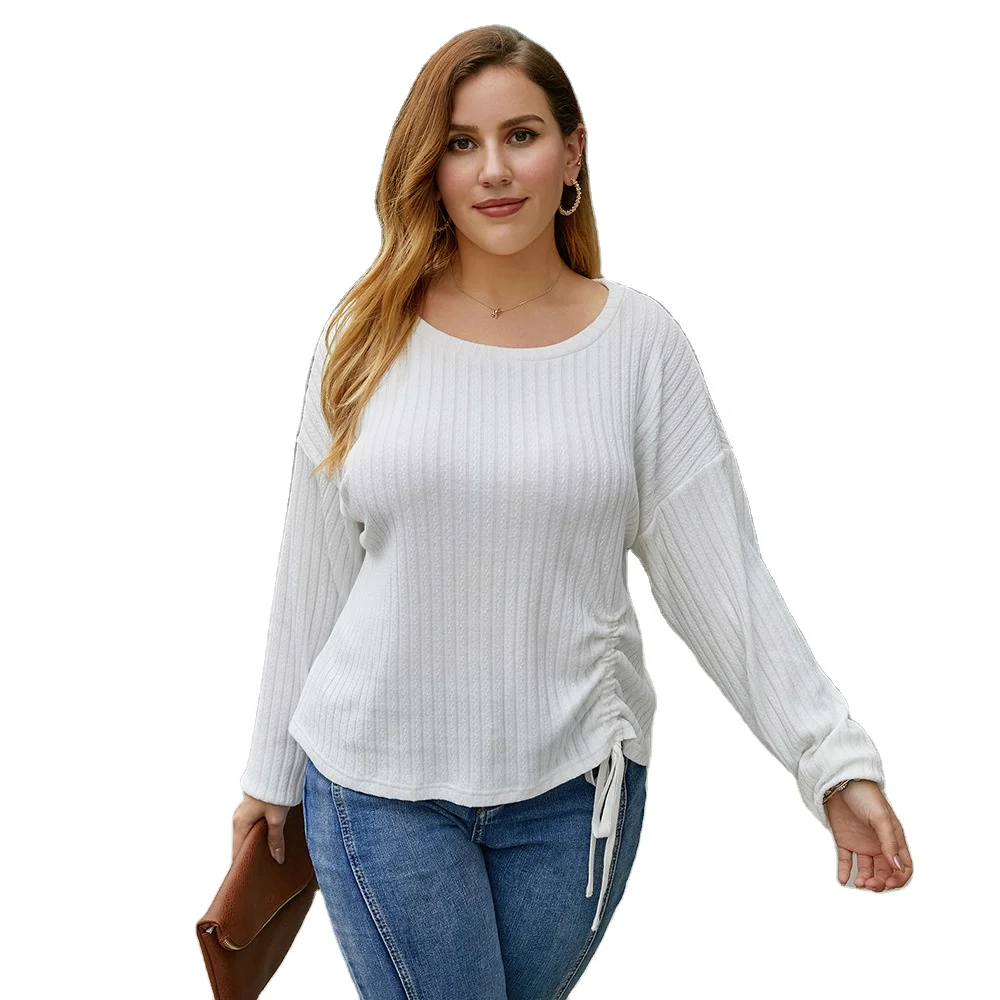 

Women's fall/winter plus size loose and simple pleated tops thin solid color long-sleeved sweater base sweaters