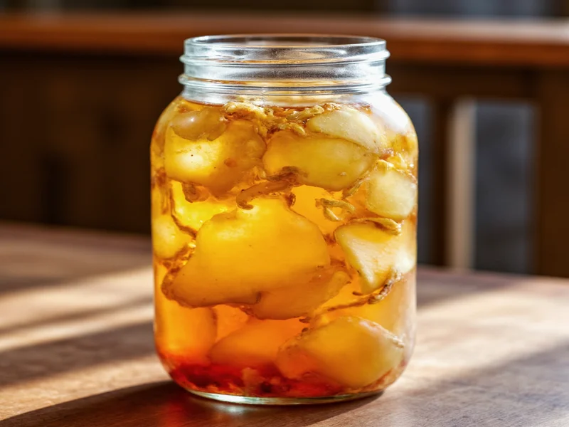 Glass jar fermenting apple vinegar with floating fruit scraps