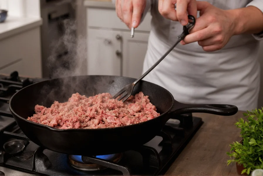 Professional chef browning ground beef in cast iron pot for chili recipe