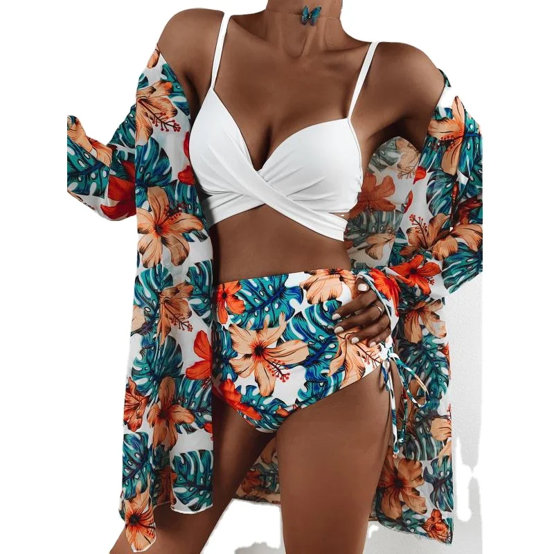 

3 Pieces Bikini Set Cover Up Swimwear Women Swimsuit Print Long Sleeve Bathing Suit Beachwear