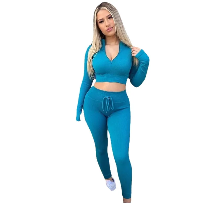 

LW-S916993 1/4 zipper women long sleeve crop top and pants ribbing sports fitness new arrival yoga set