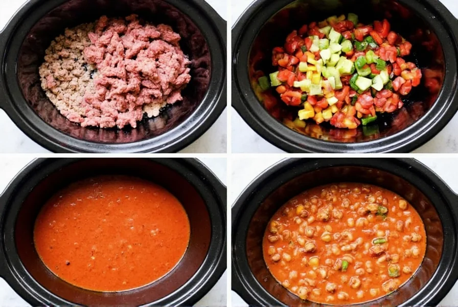 Step-by-step crock pot chili preparation showing browning meat, chopping vegetables, and slow cooker with ingredients