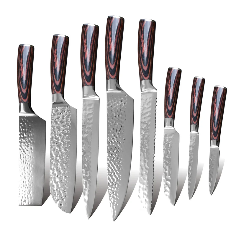 

8 piece hammer pattern western cuisine stainless steel multipurpose meat vegetable slicing non-stick knife set with pakka wood, Silver