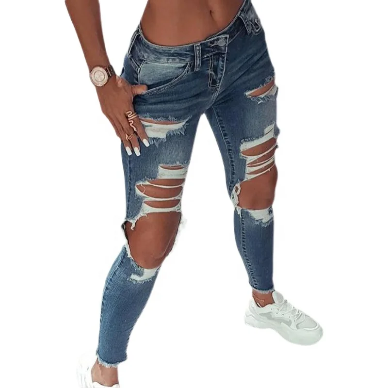 

High Waist Slim Fit Denim Ripped Skinny Jeans With Button Closure, Gray, black, light blue, dark blue