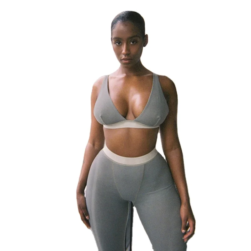 

2021 Spring Two Piece Set Women Clothing Sexy V-neck Casual Workout Yoga Suits Women Clothing Two Pieces Set