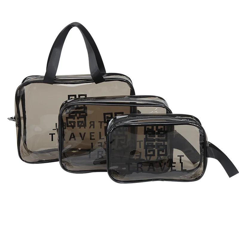 

Custom logo transparent clear makeup bag travel toiletry storage PVC cosmetic bags case with zipper, Grey