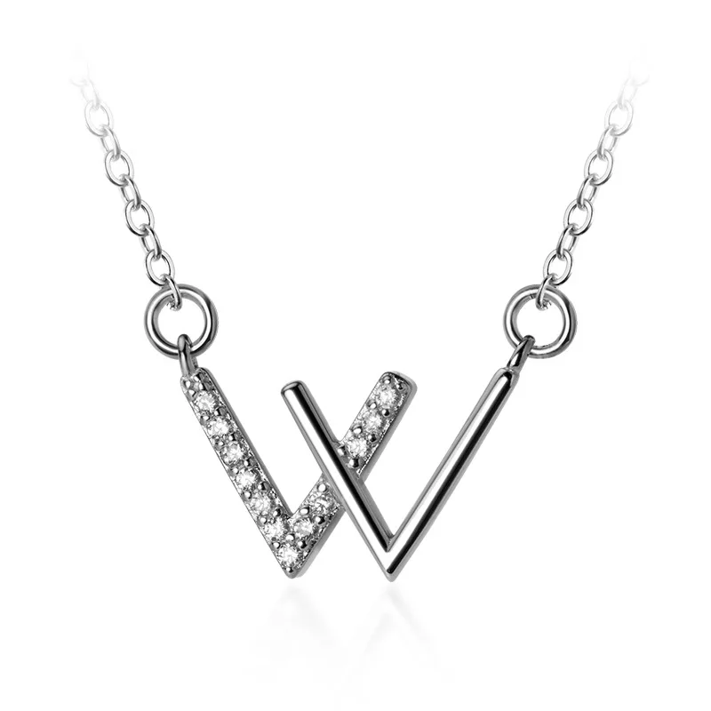 

N1163 Christian Bijoux Sterling Silver 925 Letter Student W Drill Neck Chain Collar Bone Silver Necklace