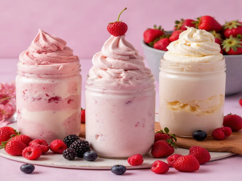 Three ice cream variations in mason jars with fresh berries