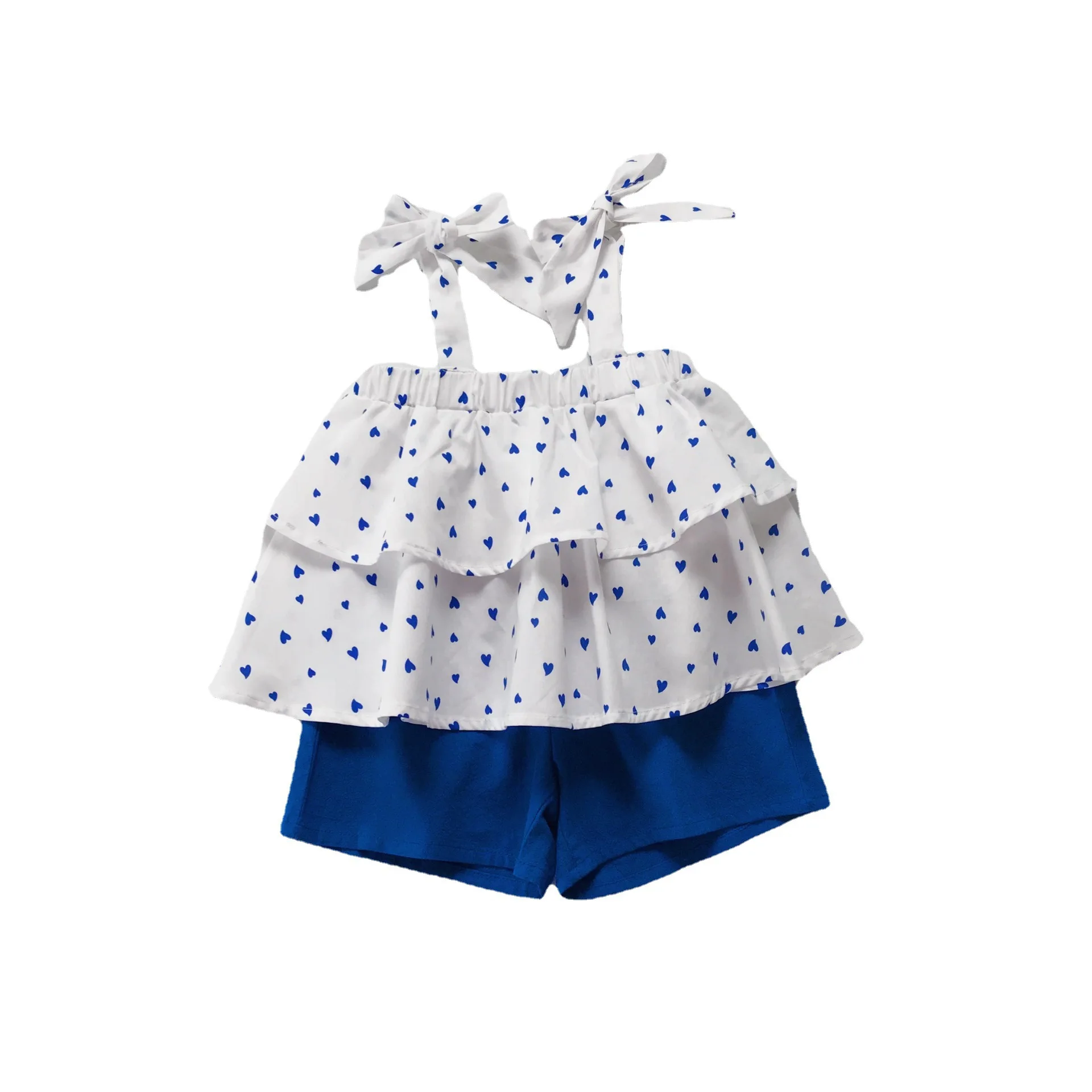 

summer two piece spaghetti strap heart print Camisole and shorts kids baby girls clothing sets, Picture