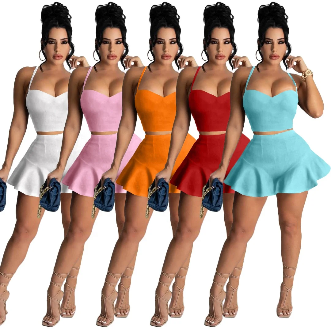 

soild Color suspender top with short flounce pants sexy backless slim summer two piece pants set women shorts set, White/pink/orange/red/light blue