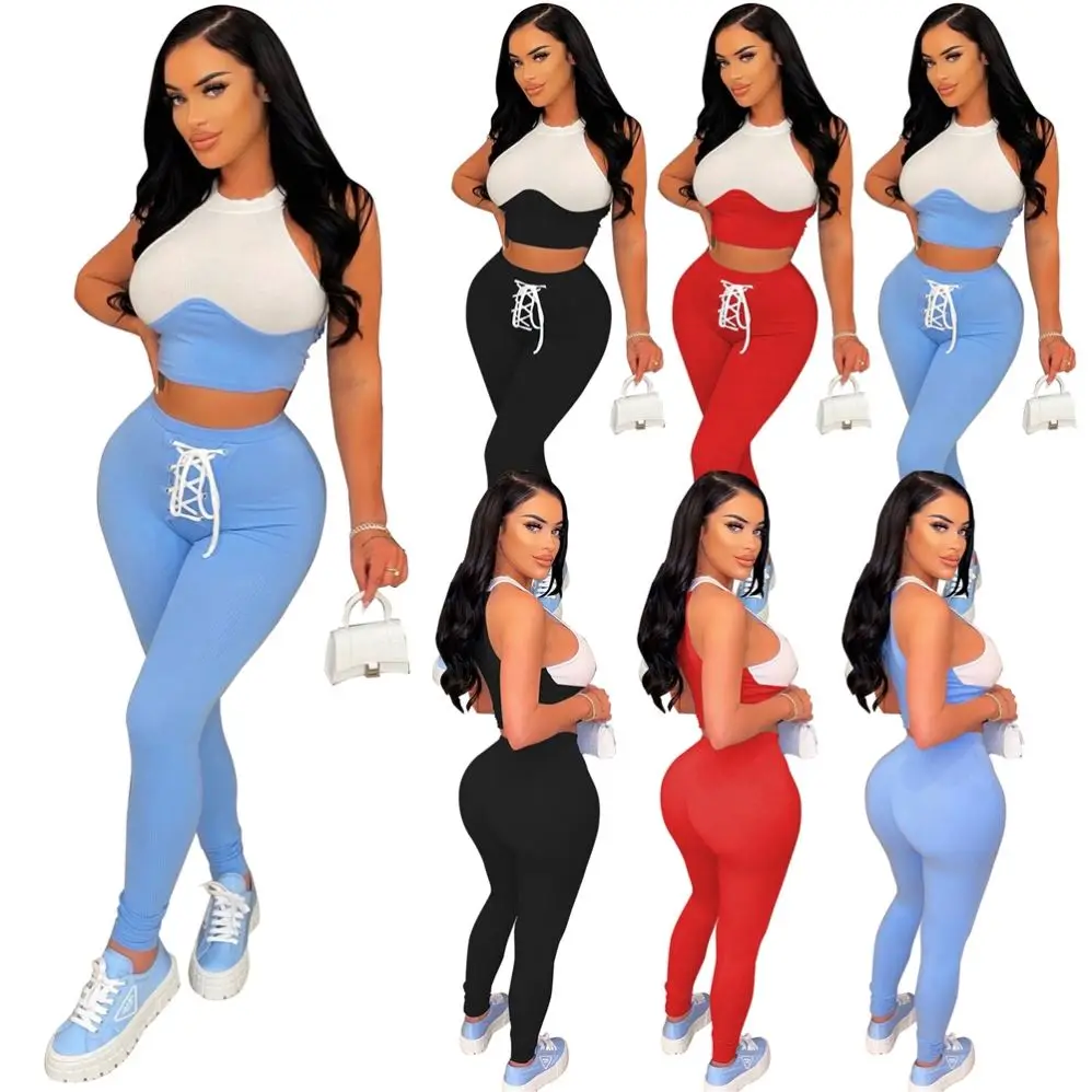 

Trending Yoga Leggings Crop Tops 2 Piece Set Sexy Summer Sleeveless Skinny Splicing Bandage Street Wear Women