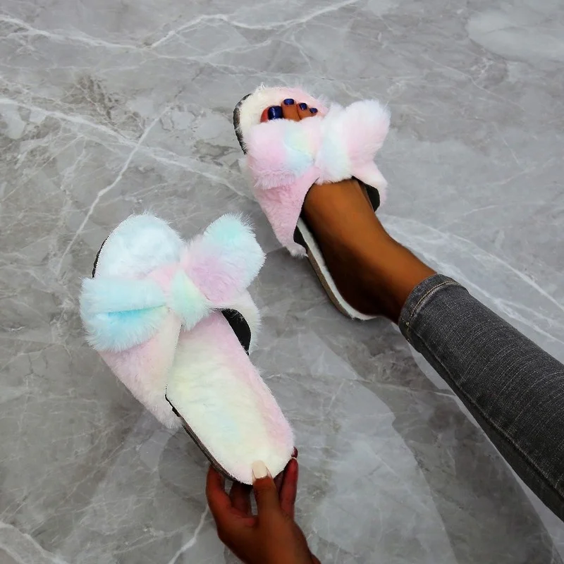 

African Jumia Online Shop Plus Size Platform Fluffy Fur Bowknot Slippers For Women