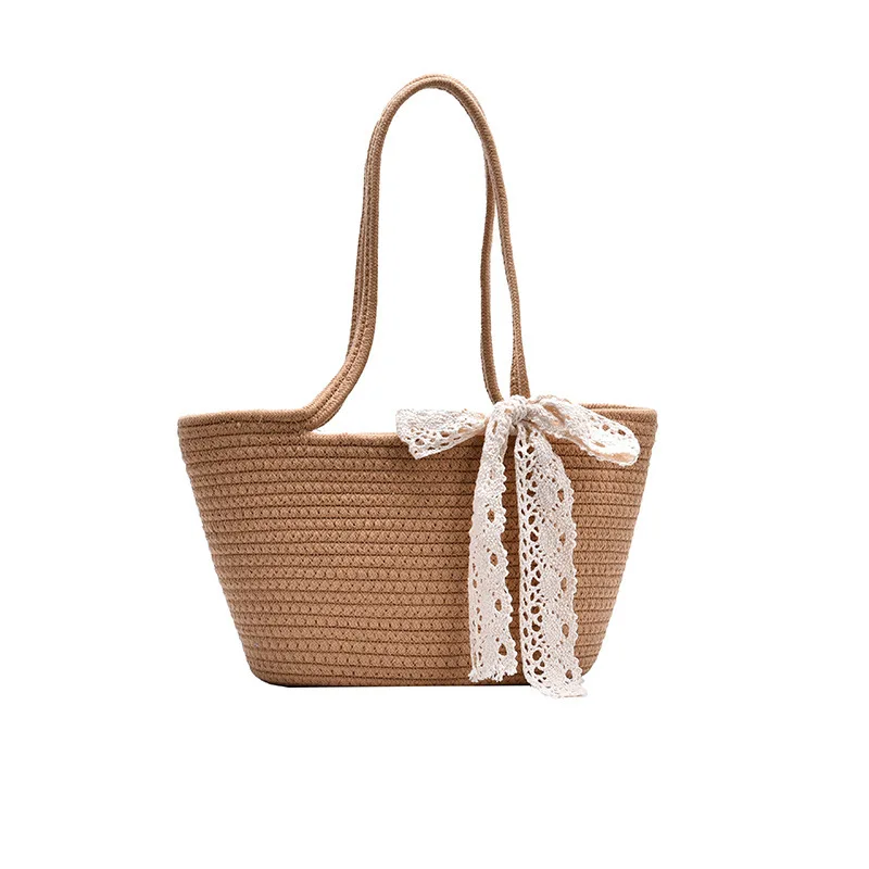 

2021 New Straw Woven Silk Scarf Wild Trend Woven Handbag Rattan Vacation Beach Summer One-shoulder Bucket Bag, As show