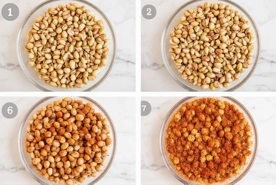Step-by-step process of making homemade chili pistachios showing raw pistachios being tossed with spices in a bowl