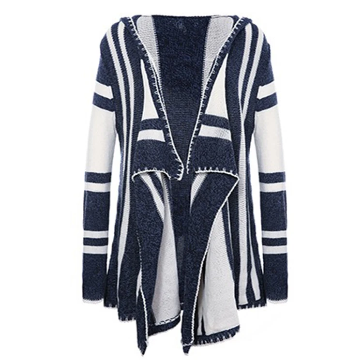 

drop shopping autumn winter hot sal new striped contrast hooded knitted cardigan with irregular long sleeve sweater coat