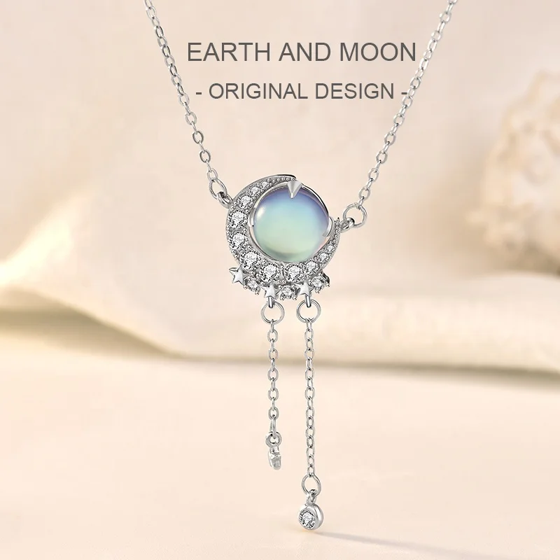 

S925 sterling silver Stamp Colorful Moonstone Clavicle Chain Necklace Silver Color Moon Zircon Tassel Necklace Jewelry For Women