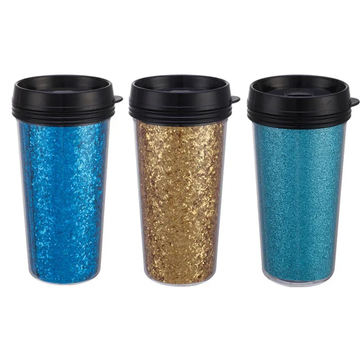 

16 oz Double Wall Plastic Glitter Insulated Tumbler with Lid, Customized