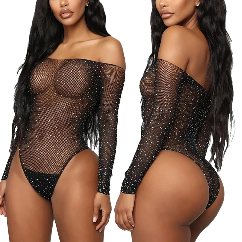 

Dropshipping 2021 See Through Bodysuit Sheer Hot Transparent Shiny Rhinestone Fishnet Women Sexy Glitter Lingerie