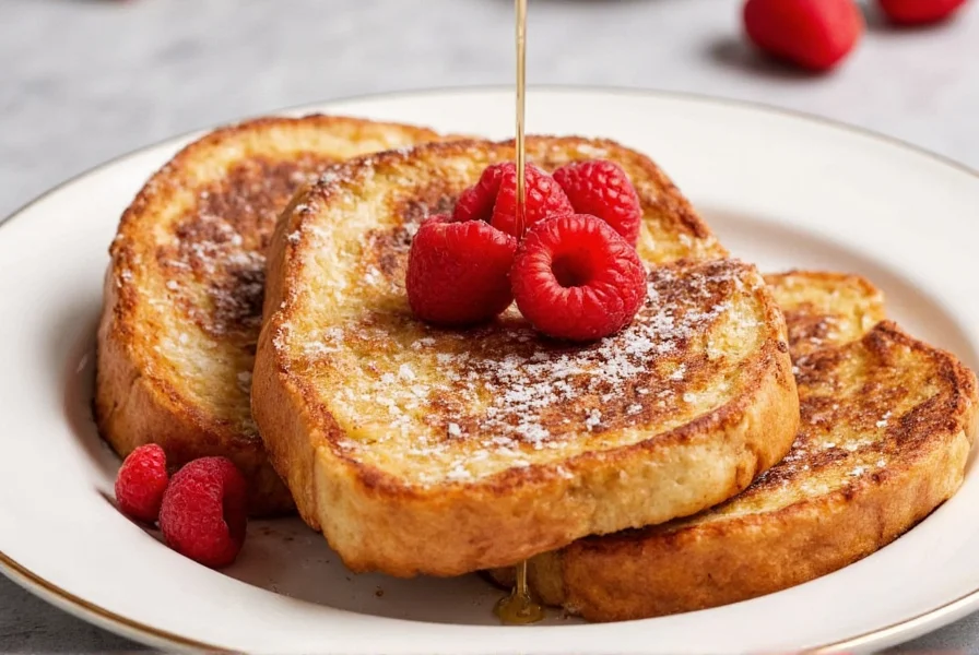 Perfectly golden brown cinnamon french toast slices on a white plate with maple syrup drizzle and powdered sugar