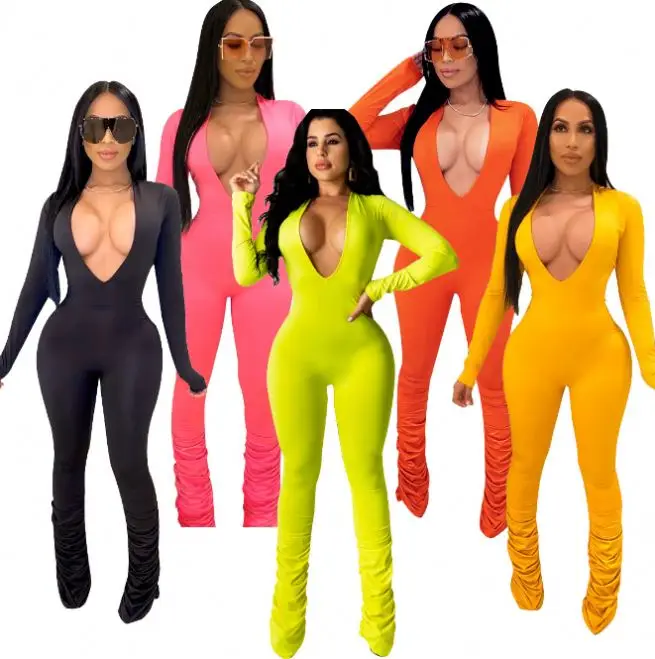 

2020 Wholesale Women Clothing Sexy Stripe Plus Size Stacked Pant Rompers One Piece Jumpsuit, As picture
