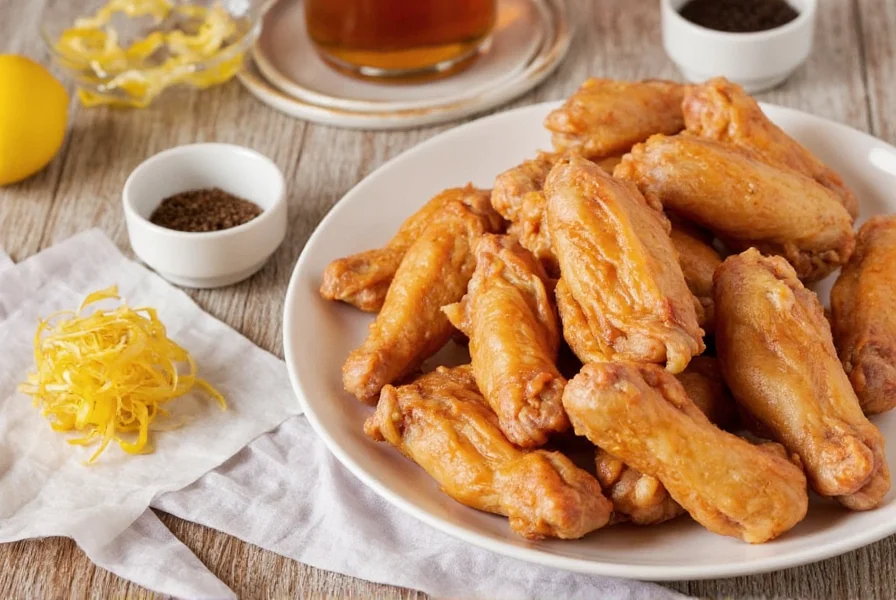 Homemade honey lemon pepper wings recipe ingredients including honey, lemon zest, black pepper, and chicken wings arranged on a wooden table